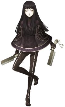 1girl black_hair bodysuit cleaver doi_masayuki dual_wielding full_body grin holding knife mask nata_(tool) official_art poncho red_eyes see-through_clothes shin_megami_tensei shin_megami_tensei_iv_final smile solo standing standing_on_one_leg third-party_source toki_(megami_tensei) transparent_background