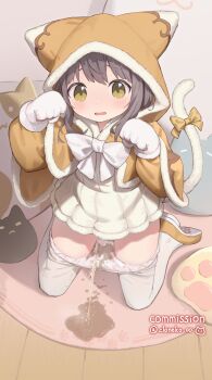 1girl animal_ear_headwear animal_ears animal_hands artist_name black_hair blush bow capelet cat_paws cat_tail cloneko_(zelmeledf2) commentary_request commission dress fake_animal_ears female_focus full_body fur-trimmed_dress fur-trimmed_hood fur_trim gloves green_eyes highres hood hood_up hooded_capelet indoors kneeling loli long_sleeves looking_at_viewer open_mouth orange_capelet orange_shoes original panties pantyhose paw_gloves paw_pose pee pee_stain peeing peeing_self puddle puffy_long_sleeves puffy_sleeves shoes skeb_commission solo stained_panties tail tail_bow tail_ornament tearing_up tears underwear variant_set white_dress white_panties white_pantyhose yellow_bow