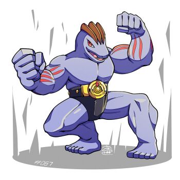 belt clenched_hands colored_skin flexing full_body gen_1_pokemon gold_belt grey_skin looking_at_viewer machoke male_underwear male_underwear_pull mistray-art muscular muscular_male nintendo open_mouth pokemon pokemon_(creature) red_eyes signature simple_background solo squatting underwear white_background