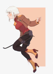 Rule 34 | 1girl, absurdres, black pants, bob cut, boots, brown jacket, chromatic aberration, cropped jacket, crowbar, earclip, from side, full body, high heel boots, high heels, highres, holding, holding crowbar, jacket, multicolored background, nuwara eliya, original, pants, parted lips, pouch, profile, red nails, red sweater, ribbed sweater, solo, sweater, thigh strap, turtleneck, turtleneck sweater, white hair