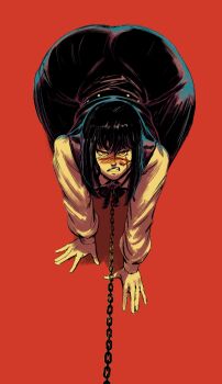 1girl absurdres all_fours ass black_hair black_ribbon chain chainsaw_man clenched_teeth collar cross_scar curvy dress facial_scar highres long_hair looking_at_viewer pinafore_dress red_background redblacktac ribbon ringed_eyes scar scar_on_cheek scar_on_face scar_on_nose sidelocks sleeveless sleeveless_dress solo teeth top-down_bottom-up wide_hips yoru_(chainsaw_man)