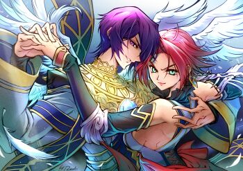 1boy 1girl absurdres artist_name blue_gemstone code_geass dress gem green_eyes highres holding_hands kouzuki_kallen lelouch_vi_britannia mochi_mangaka purple_hair red_hair short_hair signature smile