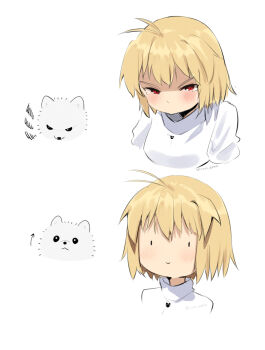 1girl ahoge angry animal_ears arcueid_brunestud blonde_hair blush coti_neko dog dog_ears happy highres jewelry looking_at_viewer mob_face multiple_expressions necklace pout red_eyes short_hair smile sweater tsukihime tsukihime_(remake) turtleneck turtleneck_sweater upper_body white_background