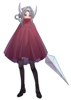 1girl absurdres adapted_costume alternate_costume alternate_eye_color boots cloak commission commissioner_upload covered_mouth eyelashes full_body hair_bun highres holding holding_polearm holding_weapon hollow_knight hollow_knight:_silksong hornet_(hollow_knight) horns humanization long_bangs long_hair long_sidelocks looking_at_viewer non-web_source petite pink_eyes polearm sidelocks solo thigh_boots thighs transparent_background wayanfa weapon white_hair