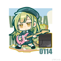 Rule 34 | 1girl, amplifier, bang dream!, bang dream! it&#039;s mygo!!!!!, black coat, black footwear, blue-framed eyewear, character name, chibi, chinese commentary, closed mouth, coat, collared shirt, commentary, commentary request, dated, electric guitar, english commentary, full body, green hair, guitar, hair ornament, hairclip, highres, holding, holding guitar, holding instrument, instrument, leaf, long hair, long sleeves, looking at viewer, mixed-language commentary, outdoors, shirt, socks, solo, wakaba mutsumi, white shirt, white socks, yellow eyes, yui k (yuik48074789)