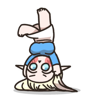 1girl :< alternate_costume blonde_hair blue_eyes blush_stickers breasts cerestia_of_life chibi chibi_only clooliss commentary_request elf handstand highres korean_commentary large_breasts last_origin long_hair pointy_ears shirt simple_background skirt solo very_long_hair white_background