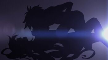 1boy 1girl ass blue_background breast_sucking breastfeeding breasts chidorigafuchi_aine completely_nude full_body grabbing_another&#039;s_breast groping hida_kizuna huge_ass large_breasts long_hair lying male_focus masou_gakuen_hxh moaning nude on_back open_mouth production_ims shadow short_hair silhouette simple_background spread_legs yurishia_farandole