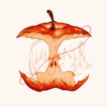 2girls akemi_homura apple artist_name bitten_apple commentary food food_bite fruit hairband hashtag-only_commentary highres kaname_madoka mahou_shoujo_madoka_magica mahou_shoujo_madoka_magica_(anime) multiple_girls open_mouth seed smile string string_of_fate tofuee twitter_username white_background