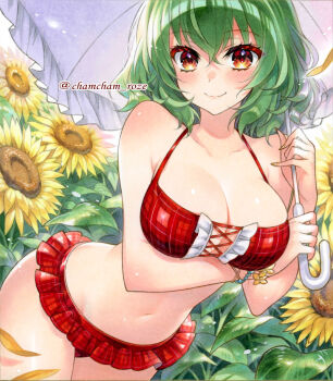 1girl belt bikini bikini_skirt bracelet breasts chacham cleavage closed_mouth collarbone commentary_request cross-laced_bikini cross-laced_clothes field flower flower_field frilled_bikini frills green_hair hair_between_eyes holding holding_umbrella jewelry kazami_yuuka large_breasts looking_at_viewer microskirt navel plaid_bikini plaid_clothes plaid_vest red_bikini red_eyes short_hair skirt smile solo stomach sunflower sunflower_field swimsuit thick_thighs thighs touhou twitter_username umbrella vest white_umbrella yellow_nails