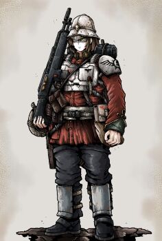 1girl armor arms_at_sides astra_militarum body_armor breastplate brown_hair full_body green_eyes gun helmet highres holding holding_gun holding_weapon jacket lasgun leg_armor military_uniform octosoup partially_shaded_face pith_helmet praetorian_guard_(wh40k) red_jacket shoulder_armor solo standing warhammer_40k weapon