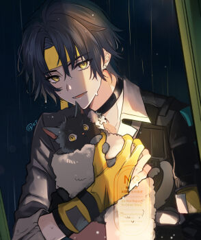 1boy animal asaba_harumasa black_cat black_choker black_hair black_necktie cat choker commentary_request earrings gloves highres holding holding_animal holding_cat jewelry looking_at_viewer male_focus necktie open_mouth parted_bangs partially_fingerless_gloves pendant_choker rain shirt short_hair sleeves_rolled_up solo tanuki_nishi twitter_username upper_body wet wet_clothes wet_hair white_shirt yellow_eyes yellow_gloves zenless_zone_zero