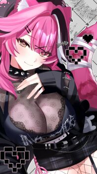 1girl absurdres animal_ear_fluff animal_ears belt black_bra black_jacket bra bra_over_clothes breasts center-flap_bangs cho_913 closed_mouth double-parted_bangs fishnet_pantyhose fishnets hand_up highres hololive hololive_english jacket large_breasts looking_at_viewer miniskirt multicolored_hair panther_ears panther_girl panther_tail pantyhose pink_hair plaid_clothes plaid_skirt raora_panthera see-through_cleavage see-through_clothes sidelocks skirt solo streaked_hair tail underwear upper_body virtual_youtuber white_streaks yellow_eyes