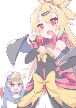 2girls :d :o akatsuki_uni animal_costume apple bare_shoulders bat_wings black_dress black_gloves black_wings blonde_hair blush bow breasts cameltoe cleavage cosplay crossover demon_wings disgaea dress earrings elbow_gloves fang food fruit gloves hair_between_eyes hair_ornament hairclip hand_on_own_hip hat head_tilt heart holding holding_food holding_fruit jewelry long_hair makai_senki_disgaea_2 multiple_girls natori_sana nurse_cap open_mouth p_answer partially_fingerless_gloves penguin_costume prinny prinny_(cosplay) apple red_bow red_eyes red_wings rozalin rozalin_(cosplay) sana_channel small_breasts smile sparkle spoken_heart strapless strapless_dress uni_create very_long_hair virtual_youtuber white_hat wings