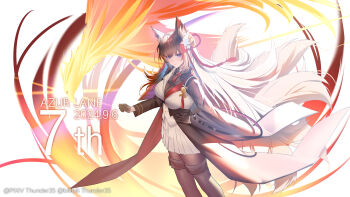 1girl absurdres amagi_(azur_lane) amagi_(cv)_(azur_lane) animal_ear_fluff animal_ears anniversary artist_name azur_lane bird black_gloves black_pantyhose breasts brown_hair cleavage commentary_request dated fox_ears fox_girl fox_tail gloves hair_ornament hand_on_own_hip highres kitsune kyuubi large_breasts long_hair looking_at_viewer multiple_tails open_mouth pantyhose phoenix pleated_skirt purple_eyes rope see-through_clothes see-through_cleavage see-through_clothes shimenawa simple_background skirt smile solo tail thunder-35 vest white_background white_skirt white_vest wide_sleeves