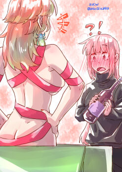 !? 2girls absurdres ass black_nails black_pants black_sweater blush bottle breasts butt_crack christmas christmas_present commentary earrings english_commentary feather_earrings feathers full-face_blush gift hands_on_own_hips highres holding holding_bottle hololive hololive_english jewelry large_breasts long_hair looking_at_another mori_calliope multiple_girls naked_ribbon orange_hair orange_nails pants pink_hair ribbon sweater takanashi_kiara turtleneck turtleneck_sweater virtual_youtuber wine_bottle xu_chin-wen yuri