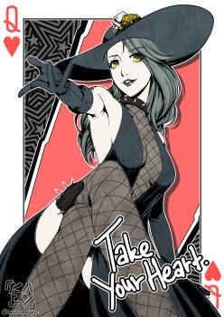 1girl absurdres artist_name bare_shoulders black_dress black_hat black_lips breasts card collar commentary_request crossed_legs dress grey_hair grin hat hatsudayo highres long_hair looking_at_another looking_at_viewer makeup medium_breasts niijima_sae persona persona_5 shadow_(persona) shadow_sae signature smile solo spiked_collar spikes sun_hat twitter_username yellow_eyes