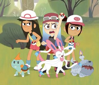 3girls andrea_davenport arm_up chewtle closed_mouth commentary cosplay crossover english_commentary gen_6_pokemon gen_8_pokemon greavard hilda_(pokemon) hilda_(pokemon)_(cosplay) holding holding_poke_ball jmdx64 leaf_(pokemon) leaf_(pokemon)_(cosplay) libby_stein-torres molly_mcgee multiple_girls nintendo open_mouth outdoors poke_ball pokemon pokemon_(creature) pokemon_bw pokemon_frlg pokemon_xy serena_(pokemon) serena_(pokemon)_(cosplay) sylveon the_ghost_and_molly_mcgee