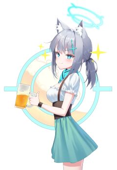 1girl absurdres alcohol animal_ears aworuw1137 beer beer_mug blue_archive blue_eyes blue_halo blue_scarf breasts cup green_skirt grey_hair halo heterochromia highres holding holding_cup medium_breasts medium_hair mug ponytail scarf shiroko_(blue_archive) shirt skirt solo thighs white_background white_shirt wolf_ears wolf_girl
