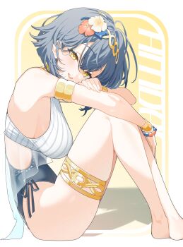 1girl amber_(stella_sora) armlet black_hair black_one-piece_swimsuit bracelet breasts character_name flower from_side full_body gold_thighlet hair_flower hair_ornament halterneck headpiece highres jewelry knees_up large_breasts legs legs_together looking_at_viewer medium_hair official_alternate_costume one-piece_swimsuit open_mouth sideboob sirin_(sirin_8_8) sitting smile solo stella_sora swimsuit thighlet thighs two-tone_one-piece_swimsuit white_one-piece_swimsuit yellow_eyes