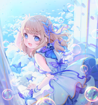 1girl :d a20_(atsumaru) above_clouds arm_up bare_arms blonde_hair blue_bow blue_dress blue_eyes blue_ribbon blue_sky bow braid bubble bug butterfly butterfly_hair_ornament cloud cowboy_shot day dress floating_hair frilled_dress frills hair_ornament hair_ribbon highres insect leaning_forward light_blush long_hair looking_at_viewer looking_back open_mouth original pleated_dress ribbon sky sleeveless sleeveless_dress smile solo swept_bangs turning_head window wrist_cuffs