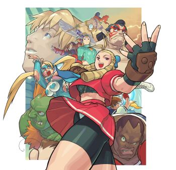 6+boys 6+girls balrog_(street_fighter) blonde_hair blue_eyes blue_sailor_collar bodypaint boxing_gloves braid brown_hair cammy_white clothing_cutout cody_travers colored_skin domino_mask e._honda everyone eye_mask facepaint fangs fingerless_gloves game_cg garrison_cap gloves green_skin hair_pulled_back hat headband heattech_leotard hibiki_dan highres ishikawa_hideki juli_(street_fighter) juni_(street_fighter) kanzuki_karin kasugano_sakura killer_bee_cammy leotard long_hair m._bison mask mma_gloves multiple_boys multiple_girls non-web_source official_art orange_hair promotional_art puffy_short_sleeves puffy_sleeves rainbow_mika ribbed_leotard ringlets sailor_collar school_uniform serafuku short_sleeves shorts shorts_under_skirt shoulder_cutout sleeved_leotard street_fighter street_fighter_zero_(series) turtleneck vega_(street_fighter) white_headband wrestler