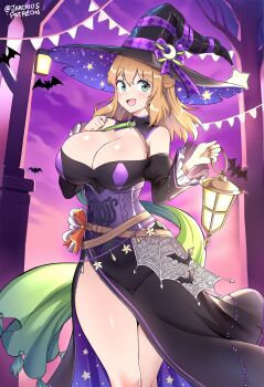 :d absurdres alternate_costume bare_legs bare_shoulders bat_(animal) belt black_dress blonde_hair blush breasts cleavage corset dress fiora_(xenoblade) frilled_sleeves frills grey_eyes halloween hat highres holding holding_lantern jarckius juliet_sleeves lantern large_breasts long_sleeves off_shoulder open_mouth original puffy_sleeves purple_sky sky smile strapless strapless_dress wide_brim witch witch_hat xenoblade_chronicles_(series) xenoblade_chronicles_1