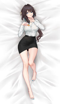 1girl absurdres aqua_nails barefoot bead_necklace beads bed_sheet black_skirt breasts brown_hair chinese_commentary commentary_request feet finger_to_mouth flower food full_body green_eyes hair_flower hair_intakes hair_ornament hands_up highres holding holding_food honkai:_star_rail honkai_(series) index_finger_raised jewelry knee_up large_variant_set long_hair looking_at_viewer lying medium_breasts multicolored_hair nail_polish necklace office_lady on_back on_bed parted_lips pencil_skirt ruan_mei_(honkai:_star_rail) shirt shirt_tucked_in shushing skirt solo streaked_hair toenail_polish toenails toes variant_set white_shirt yunkaiming