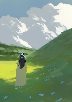 1girl absurdres artist_name black_hair blue_archive blue_halo blue_sky cloud coat coat_partially_removed commentary day from_behind grass halo highres hill kani_etizen03 long_hair outdoors saori_(blue_archive) sky solo twitter_username white_coat wide_shot