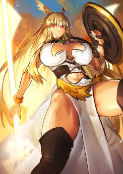 1girl alternate_breast_size black_thighhighs blonde_hair bracelet breasts clothing_cutout energy_spear fate/grand_order fate_(series) head_wings highres jewelry large_breasts long_hair looking_at_viewer melon22 navel_cutout pelvic_curtain red_eyes shield solo thighhighs thighs thrud_(fate) valkyrie_(fate) wings