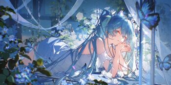 1girl bare_shoulders blue_butterfly blue_eyes blue_hair blue_theme bug butterfly cloudyman double-parted_bangs dress flower hair_between_eyes hashtag-only_commentary hatsune_miku holding insect long_hair lying off-shoulder_dress off_shoulder on_back parted_lips rose twintails vocaloid white_dress white_flower white_rose window
