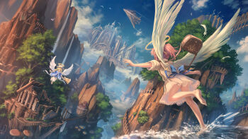 2girls aircraft airplane angel angel_wings barefoot bell bird blonde_hair blue_bow blue_shawl blue_sky bow bridge brown_hair building cathedral church cloud day dress dutch_angle fantasy flying halo highres holding holding_bell jet ladder making-of_available mountain multiple_girls orange_hair original outdoors pouch railing river ruins scenery shawl sky soraizumi splashing tree water waterfall white_dress windmill wings wooden_bridge wooden_ladder wooden_railing