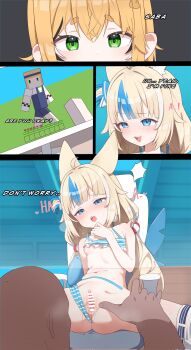 1boy 2girls animal_ears bar_censor bikini bikini_bottom_aside bikini_top_lift blonde_hair blue_eyes blue_hair breasts censored clothes_lift clothing_aside dooby english_text hetero highres indie_virtual_youtuber loli minecraft multicolored_hair multiple_girls nipples onion_(tamanegi) playing_games playing_video_games pussy sameko_saba small_breasts spread_legs streaked_hair striped_bikini striped_clothes swimsuit tail virtual_youtuber