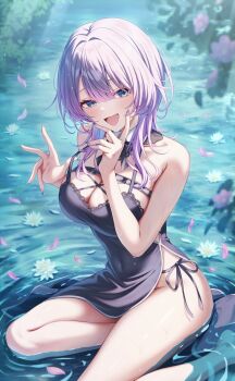 1girl absurdres bare_shoulders barefoot black_bow black_bowtie black_dress blue_eyes blush bow bowtie breasts cleavage collarbone commentary_request covered_navel day detached_collar dress falling_petals feet_out_of_frame flower flower_on_liquid gradient_hair groin hair_between_eyes hair_intakes hand_on_own_face hands_up highres lace lace-trimmed_dress lace_trim large_breasts legs light_particles light_rays long_hair looking_at_viewer multicolored_hair nail_polish open_mouth original outdoors panties panty_straps petals pink_petals purple_hair purple_nails sasamisable shallow_water side-tie_panties side_slit sitting sleeveless sleeveless_dress smile solo strap strap_lift thighs underwear water wet white_flower