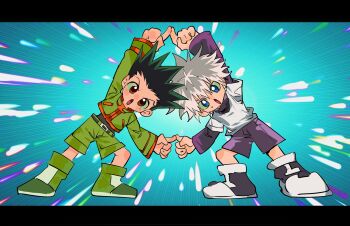 2boys black_border black_hair black_shirt blue_eyes boots border brown_eyes colored_tips deformed dragon_ball full_body fusion_dance gon_freecss green_boots green_hair green_jacket green_shorts highres hunter_x_hunter jacket killua_zoldyck layered_sleeves leaning_to_the_side letterboxed long_sleeves male_focus multicolored_hair multiple_boys open_mouth purple_shirt purple_shorts shirt short_over_long_sleeves short_sleeves shorts spiked_hair two-tone_hair undershirt white_hair white_shirt xi_luo_an_ya