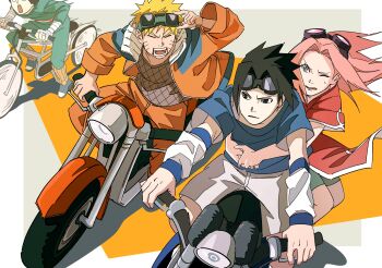 Rule 34 | 1girl, 3boys, absurdres, bandaged arm, bandages, bicycle, black eyes, black hair, blonde hair, blue shirt, border, closed eyes, detached sleeves, dress, facial mark, fishnet top, fishnets, goggles, goggles on head, green eyes, green jumpsuit, grey background, haruno sakura, highres, jacket, jumpsuit, leg warmers, long hair, motor vehicle, motorcycle, multicolored background, multiple boys, multiple riders, naruto (classic), naruto (series), on motorcycle, one eye closed, open clothes, open jacket, open mouth, orange background, orange jacket, orange leg warmers, orange pants, orange track suit, pants, pink hair, pnpk 1013, red dress, riding, riding bicycle, rock lee, shirt, shorts, simple background, spiked hair, sweatdrop, track suit, uchiha sasuke, uzumaki naruto, whisker markings, white border, white shorts