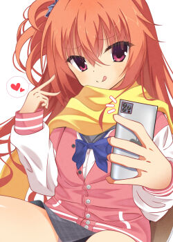 >:) 1girl :q absurdres black_skirt cellphone closed_mouth commentary_request cowboy_shot crossed_bangs eyelashes eyes_visible_through_hair foreshortening furrowed_brow hair_between_eyes hands_up heart highres holding holding_phone inaba_meguru jacket letterman_jacket light_blush long_hair long_sleeves looking_at_viewer miniskirt naughty_face notice_lines one_side_up orange_hair out-of-frame_censoring phone plaid_clothes plaid_skirt red_eyes sanoba_witch scarf school_uniform selfie simple_background sitting skirt sleeves_past_wrists smartphone smile smug solo speech_bubble split_mouth spoken_heart sukonbu385 tongue tongue_out tsurime v v-shaped_eyebrows watermark wavy_hair white_background yellow_scarf