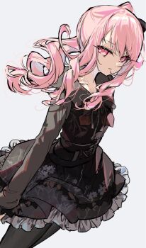 1other aimi_(mimi_nii2) akiyama_mizuki arms_at_sides black_bow black_dress black_pantyhose black_ribbon bow collarbone collared_shirt cowboy_shot dot_nose dress drill_hair drill_sidelocks dutch_angle flat_chest floral_print floral_print_dress frilled_sleeves frills from_above grey_background grey_shirt hair_between_eyes hair_bow hashtag-only_commentary high_side_ponytail jitome long_sleeves looking_at_viewer neck_ribbon other_focus pantyhose parted_lips petticoat pink_eyes pink_hair print_dress project_sekai ribbon shirt short_dress side_drill side_ponytail sidelocks sideways_glance simple_background sleeveless sleeveless_shirt solo standing swept_bangs wind