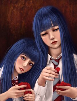 Rule 34 | 2girls, absurdres, aged up, blue hair, bow, bowtie, brown background, closed mouth, collared shirt, diagonal-striped bow, diagonal-striped bowtie, diagonal-striped clothes, diagonal-striped necktie, dual persona, flower, furude rika, half-closed eyes, hashtag-only commentary, head on another's shoulder, head tilt, highres, higurashi no naku koro ni, holding, holding flower, leaning on person, lips, long hair, long sleeves, looking down, multiple girls, necktie, nose, oreosan, purple eyes, realistic, red bow, red bowtie, red necktie, school uniform, shirt, straight hair, striped bow, striped bowtie, striped clothes, time paradox, upper body, white shirt, wing collar