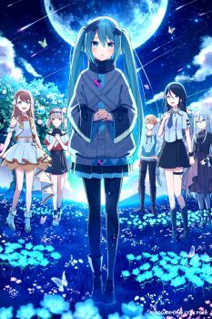 Rule 34 | 1boy, 5girls, asymmetrical footwear, azusawa kohane, backwards hat, bangle, bare shoulders, baseball cap, batsu miku, belt, belt buckle, black belt, black boots, black hair, black hat, black pantyhose, black shirt, black skirt, black socks, blonde hair, blue eyes, blue hair, blue vest, blush, boots, bow, bracelet, brown hair, brown skirt, buckle, closed mouth, collarbone, collared shirt, derivative work, frilled vest, frills, full body, green eyes, green hair, grey eyes, grey hair, grey jacket, grey pants, hair between eyes, hair ornament, hanasato minori, hashtag-only commentary, hat, hatsune miku, highres, hoshino ichika (project sekai), jacket, jewelry, kowareta sekai to utaenai miku, long hair, long sleeves, moon, multicolored hair, multiple girls, night, night sky, nurimas, off-shoulder shirt, off shoulder, outdoors, pants, pantyhose, parted lips, pink hair, pleated skirt, project sekai, puffy long sleeves, puffy sleeves, purple hair, red bow, red eyes, shirt, shoes, short sleeves, skirt, sky, sleeveless, sleeveless shirt, sleeves past wrists, smile, socks, standing, standing on one leg, star (sky), starry sky, teneko02, tenma tsukasa, twintails, two-tone hair, v-shaped eyebrows, very long hair, vest, vocaloid, white shirt, white shoes, white skirt, white vest, wide sleeves, x hair ornament, yoisaki kanade