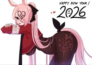 1girl 2026 animal_ears bent_over black_eyes blush bodysuit breasts brown_bodysuit closed_mouth commentary cowboy_shot cropped_jacket english_commentary from_side hair_ornament hair_over_one_eye happy_new_year heart heart_hair_ornament highres horse_ears horse_girl horse_tail invisible_object jacket large_breasts long_hair looking_at_viewer mamaprofennn new_year one_eye_covered original parted_bangs pink_hair red_jacket simple_background solo tail tongue tongue_out white_background