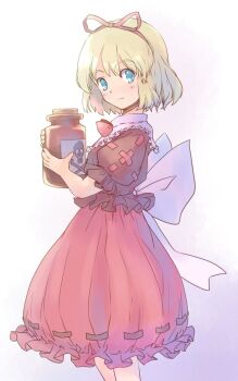 Rule 34 | 1girl, back bow, blonde hair, blue eyes, blush, bottle, bow, bowtie, bubble skirt, commentary request, corked bottle, feet out of frame, frilled shirt collar, frills, from side, hair ribbon, holding, holding bottle, light smile, looking back, medicine melancholy, one-hour drawing challenge, poison, rangycrow, red bow, red bowtie, red ribbon, red shirt, red skirt, ribbon, ribbon-trimmed skirt, ribbon trim, shirt, short hair, sideways glance, skirt, skull and crossbones, solo, touhou, white background, white bow