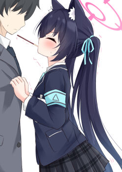 1boy 1girl animal_ear_fluff animal_ears armband black_hair black_jacket black_necktie black_skirt blazer blue_archive blue_armband blue_hair blue_jacket blue_necktie cat_ears cat_girl closed_eyes closed_mouth collared_shirt food food_in_mouth formal_clothes hair_ribbon halo hetero highres incoming_pocky_kiss jacket layered_sleeves long_hair miniskirt mochizuki_riku mouth_hold necktie pink_halo plaid_clothes plaid_skirt pleated_skirt pocky pocky_in_mouth ribbon serika_(blue_archive) shirt short_hair skirt solo_focus suit twintails very_long_hair white_shirt