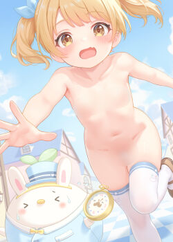 1girl blonde_hair blue_ribbon blue_sky blur_censor blush brown_shoes censored censored_nipples commentary_request day fang hair_ribbon highres holding holding_pocket_watch loli looking_at_viewer mary_janes minami_mii navel nude open_mouth original outdoors paid_reward_available pocket_watch rebun ribbon running shoes short_hair skin_fang sky solo thighhighs twintails watch white_thighhighs yellow_eyes