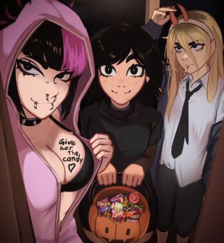 3girls absurdres adjusting_clothes adjusting_headwear black_bra black_eyes black_hair blonde_hair body_writing bra breasts candy choker cigarette cleavage cosplay doorway dress_shirt face_piercing fake_horns food freckles hair_through_hood halloween halloween_bucket halloween_costume han_juri han_juri_(cosplay) highres hood hood_up horns jessie_(veyonis) large_breasts lip_piercing long_hair looking_at_viewer mavis_dracula mavis_dracula_(cosplay) messy_hair mika_(veyonis) multicolored_hair multiple_girls necktie nose_piercing onesie open_pajamas opened_by_self original pajamas piercing pov_doorway power_(chainsaw_man) power_(chainsaw_man)_(cosplay) pumpkin shirt smile smoking spiked_choker spikes trick-or-treating turtleneck two-tone_hair underwear veyonis yuna_(veyonis)
