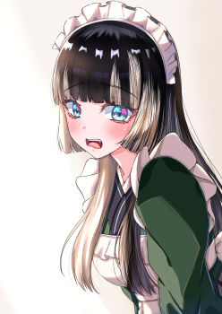 1girl apron black_hair blue_eyes blush commentary fang green_eyes highres hololive hololive_dev_is juufuutei_raden long_hair looking_at_viewer maid maid_headdress multicolored_hair open_mouth simple_background solo streaked_hair suzuka_(suzukawu) two-tone_hair upper_body white_apron white_background