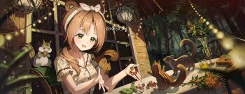 Rule 34 | 1girl, acorn, animal, animal ears, animal on shoulder, animal print, berry, blush, bow, brown hair, brown shirt, chain, character request, chipmunk, chipmunk ears, commentary request, commission, cup, green eyes, hair bow, highres, indie virtual youtuber, indoors, looking down, offering food, open mouth, patterned clothing, plant, shirt, short hair, short sleeves, smile, solo, soriya, squirrel, string of light bulbs, table, teeth, upper teeth only, vase, virtual youtuber, watermark, white bow, window