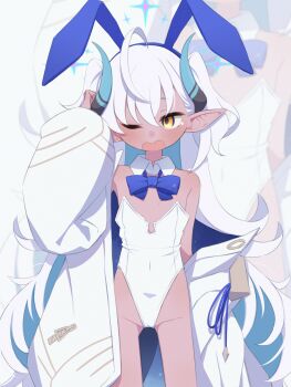 1girl absurdres animal_ears bare_shoulders blue_archive blue_bow blue_bowtie blue_horns bow bowtie commentary_request dark-skinned_female dark_skin fake_animal_ears highleg highleg_leotard highres horns jacket leotard long_hair one_eye_closed open_mouth pointy_ears rabbit_ears solo standing sumomo_(blue_archive) take_mawile tears thighs white_hair white_jacket white_leotard yellow_eyes zoom_layer