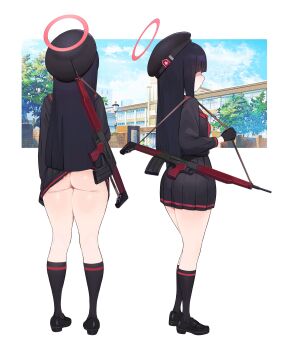 1girl absurdres ass assault_rifle beret black_footwear black_gloves black_hair black_headwear black_shirt black_skirt black_socks blue_archive clothes_lift commentary english_commentary gloves gun halo hat highres justice_task_force_member_(blue_archive) kneehighs loafers long_hair long_sleeves multiple_views pleated_skirt rifle shirt shoes skirt skirt_lift snorkel14 socks standing weapon