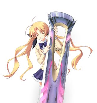1girl antenna_hair black_bow blazer blonde_hair bow bowtie breasts brown_jacket chaos;head closed_eyes collared_shirt d-sword dress_shirt facing_viewer game_cg glowing glowing_sword glowing_weapon grin hair_bow holding holding_sword holding_weapon huge_weapon jacket matsuo_yukihiro miniskirt nervous_smile non-web_source official_art orihara_kozue petticoat plaid_bow plaid_bowtie plaid_clothes plaid_skirt purple_bow purple_bowtie school_uniform science_adventure shirt skirt small_breasts smile solo sprite suimei_academy_school_uniform sword thighhighs transparent_background twintails weapon white_shirt white_thighhighs winter_uniform zettai_ryouiki