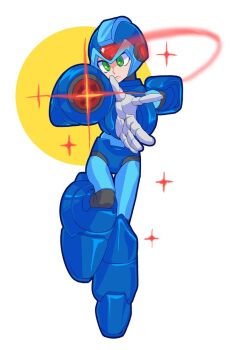 Rule 34 | 1boy, aiming, aiming at viewer, android, arm cannon, armor, blue armor, blue helmet, commentary request, forehead jewel, full body, g nm k, green eyes, helmet, korean commentary, male focus, mega man (series), mega man x (series), simple background, solo, weapon, white background, x (mega man)